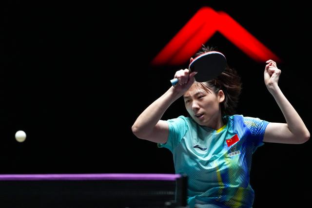 (260913) -- MACAO, Sept. 13, 2026 (Xinhua) -- Chen Yi competes during the women's singles semifinal match between Chen Yi of China and Hayata Hina of Japan at the 2026 World Table Tennis (WTT) Champions Macao in Macao, south China, Sept. 13, 2026. (Xinhua/Cheong Kam Ka)