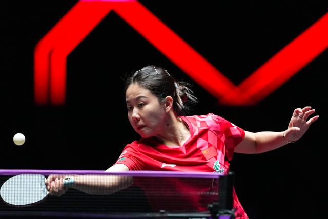 (260913) -- MACAO, Sept. 13, 2026 (Xinhua) -- Chen Xingtong competes during the women's singles semifinal match between Harimoto Miwa of Japan and Chen Xingtong of China at the 2026 World Table Tennis (WTT) Champions Macao in Macao, south China, Sept. 13, 2026. (Xinhua/Cheong Kam Ka)