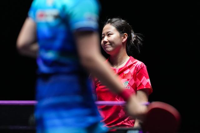 (260913) -- MACAO, Sept. 13, 2026 (Xinhua) -- Chen Xingtong reacts during the women's singles semifinal match between Harimoto Miwa of Japan and Chen Xingtong of China at the 2026 World Table Tennis (WTT) Champions Macao in Macao, south China, Sept. 13, 2026. (Xinhua/Cheong Kam Ka)