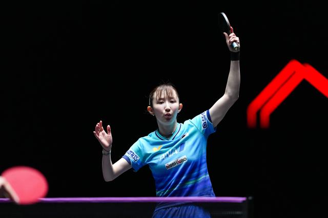 (260913) -- MACAO, Sept. 13, 2026 (Xinhua) -- Hayata Hina reacts during the women's singles semifinal match between Chen Yi of China and Hayata Hina of Japan at the 2026 World Table Tennis (WTT) Champions Macao in Macao, south China, Sept. 13, 2026. (Xinhua/Cheong Kam Ka)