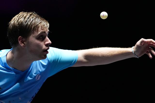 (260913) -- MACAO, Sept. 13, 2026 (Xinhua) -- Truls Moregard competes during the men's singles semifinal match between Truls Moregard of Sweden and Harimoto Tomokazu of Japan at the 2026 World Table Tennis (WTT) Champions Macao in Macao, south China, Sept. 13, 2026. (Xinhua/Cheong Kam Ka)