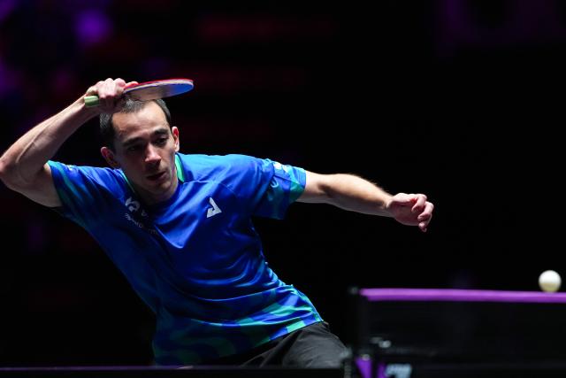 (260913) -- MACAO, Sept. 13, 2026 (Xinhua) -- Hugo Calderano competes during the men's singles semifinal match between Hugo Calderano of Brazil and Anton Kallberg of Sweden at the 2026 World Table Tennis (WTT) Champions Macao in Macao, south China, Sept. 13, 2026. (Xinhua/Cheong Kam Ka)