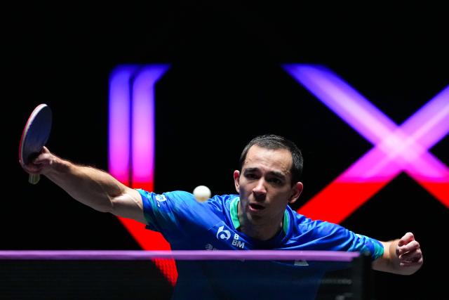 (260913) -- MACAO, Sept. 13, 2026 (Xinhua) -- Hugo Calderano competes during the men's singles semifinal match between Hugo Calderano of Brazil and Anton Kallberg of Sweden at the 2026 World Table Tennis (WTT) Champions Macao in Macao, south China, Sept. 13, 2026. (Xinhua/Cheong Kam Ka)