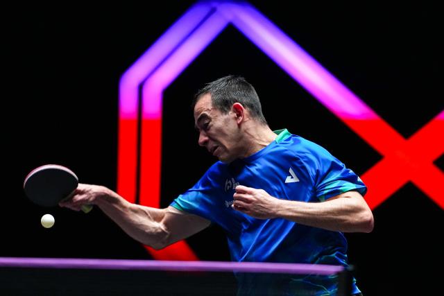 (260913) -- MACAO, Sept. 13, 2026 (Xinhua) -- Hugo Calderano competes during the men's singles semifinal match between Hugo Calderano of Brazil and Anton Kallberg of Sweden at the 2026 World Table Tennis (WTT) Champions Macao in Macao, south China, Sept. 13, 2026. (Xinhua/Cheong Kam Ka)