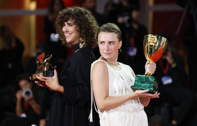 (260913) -- VENICE, Sept. 13, 2026 (Xinhua) -- Danish director May el-Toukhy (L) of the film Woman Unknown, also the winner of the Golden Lion for Best Film, and Mathilde Arcel, winner of the Best Actress for Woman Unknown, pose together with their trophies at the 83rd Venice International Film Festival in Venice, Italy, Sept. 12, 2026. The 83rd Venice International Film Festival closed on Saturday on Venice's Lido. (Xinhua/Wang Kaiyan)