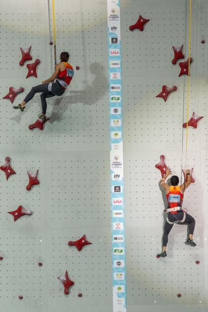 (260913) -- GUIYANG, Sept. 13, 2026 (Xinhua) -- Fan Jingyue (L)/Zhang Shaoqin of China compete during the women's speed relay at the World Climbing Series Guiyang 2026 in Guiyang, southwest China's Guizhou Province, Sept. 13, 2026. (Photo by Long Jianrui/Xinhua)
