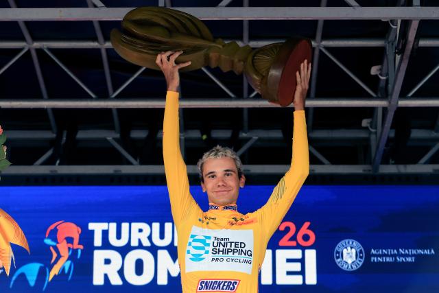 (260913) -- BUCHAREST, Sept. 13, 2026 (Xinhua) -- Barnabas Vas of Hungary celebrates winning the Tour of Romania cycling race in Bucharest, Romania, Sept. 13, 2026. (Photo by Cristian Cristel/Xinhua)