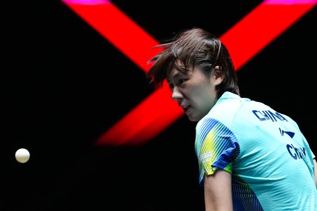 (260914) -- BEIJING, Sept. 14, 2026 (Xinhua) -- Chen Yi competes during the women's singles semifinal match between Chen Yi of China and Hayata Hina of Japan at the 2026 World Table Tennis (WTT) Champions Macao in Macao, south China, Sept. 13, 2026. (Xinhua/Cheong Kam Ka)