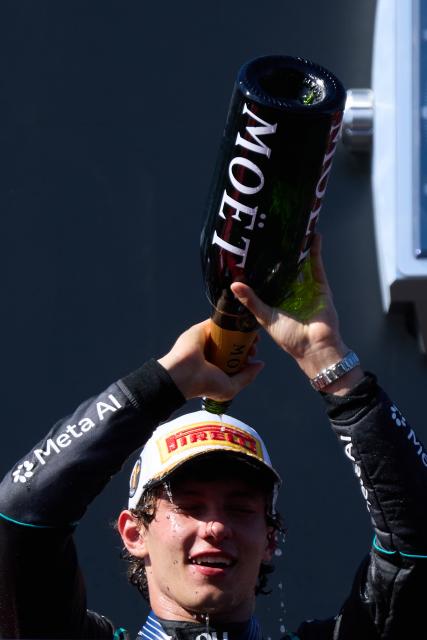 (260914) -- MADRID, Sept. 14, 2026 (Xinhua) -- Mercedes' Italian driver Kimi Antonelli reacts on the podium after the Formula 1 Spanish Grand Prix Race at Madring Circuit, Madrid, Spain, Sept. 13, 2026. (Xinhua/Meng Dingbo)