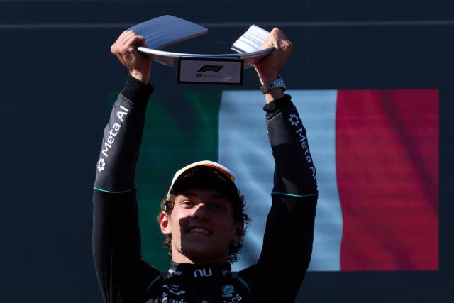 (260914) -- MADRID, Sept. 14, 2026 (Xinhua) -- Mercedes' Italian driver Kimi Antonelli reacts on the podium after the Formula 1 Spanish Grand Prix Race at Madring Circuit, Madrid, Spain, Sept. 13, 2026. (Xinhua/Meng Dingbo)