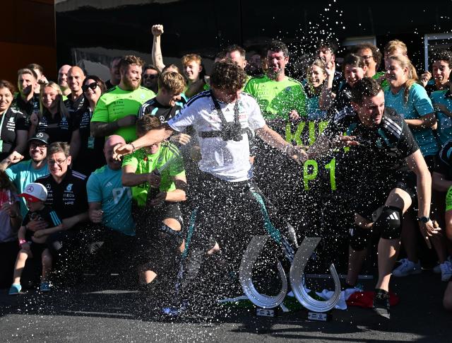 (260914) -- MADRID, Sept. 14, 2026 (Xinhua) -- Mercedes' Kimi Antonelli (C) of Italy celebrates after the Formula 1 Spanish Grand Prix Race at Madring Circuit, Madrid, Spain, Sept. 13, 2026. (Xinhua/Cheng Min)