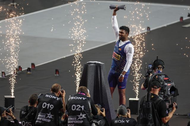 (260914) -- BUDAPEST, Sept. 14, 2026 (Xinhua) -- Rumesh Tharanga Pathirage of Sri Lanka reacts during the awarding ceremony of the men's javelin competition at the World Athletics Ultimate Championship in Budapest, Hungary, Sept. 13, 2026. (Xinhua/Hu Zhixuan)