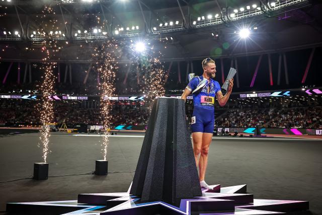 (260914) -- BUDAPEST, Sept. 14, 2026 (Xinhua) -- Josh Kerr of Britain reacts during the awarding ceremony of the men's 1500m race at the World Athletics Ultimate Championship in Budapest, Hungary, Sept. 13, 2026. (Photo by David Balogh/Xinhua)