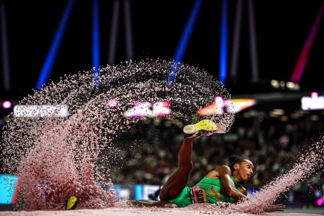 (260914) -- BUDAPEST, Sept. 14, 2026 (Xinhua) -- Saly Sarr of Senegal competes during the women's triple jump competition at the World Athletics Ultimate Championship in Budapest, Hungary, Sept. 13, 2026. (Photo by David Balogh/Xinhua)