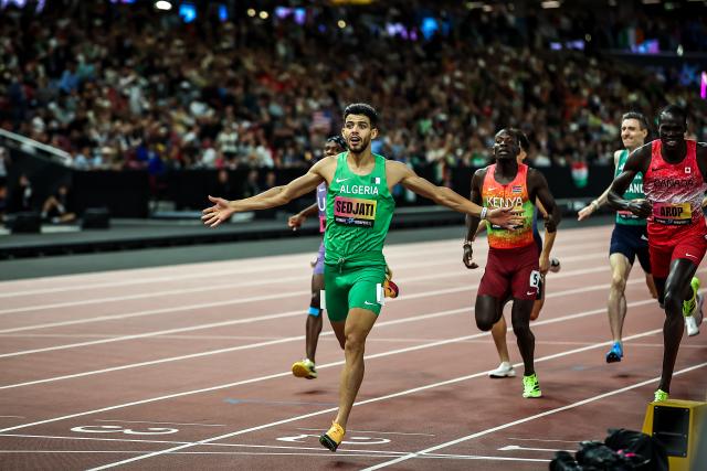 (260914) -- BUDAPEST, Sept. 14, 2026 (Xinhua) -- Djamel Sedjati (front) of Algeria reacts after crossing the finish line during the men's 800m race at the World Athletics Ultimate Championship in Budapest, Hungary, Sept. 13, 2026. (Photo by David Balogh/Xinhua)