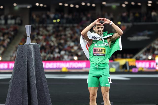 (260914) -- BUDAPEST, Sept. 14, 2026 (Xinhua) -- Djamel Sedjati of Algeria reacts during the awarding ceremony of the men's 800m race at the World Athletics Ultimate Championship in Budapest, Hungary, Sept. 13, 2026. (Photo by Attila Volgyi/Xinhua)
