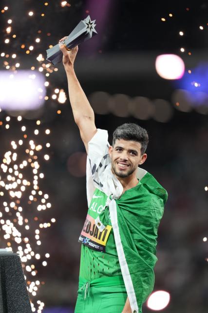 (260914) -- BUDAPEST, Sept. 14, 2026 (Xinhua) -- Djamel Sedjati of Algeria reacts during the awarding ceremony of the men's 800m race at the World Athletics Ultimate Championship in Budapest, Hungary, Sept. 13, 2026. (Photo by Attila Volgyi/Xinhua)