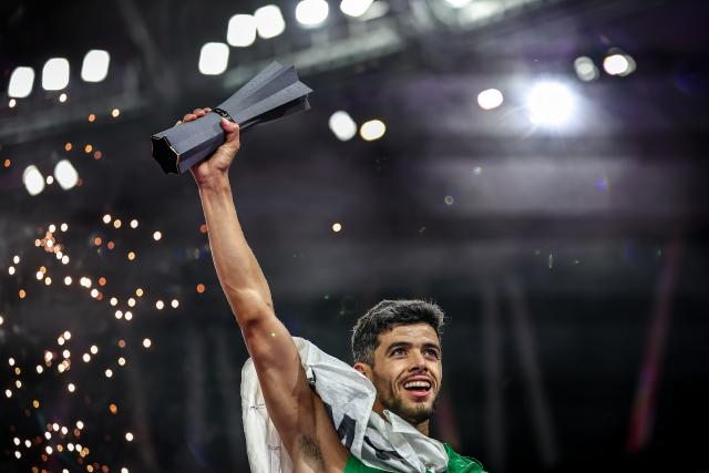 (260914) -- BUDAPEST, Sept. 14, 2026 (Xinhua) -- Djamel Sedjati of Algeria reacts during the awarding ceremony of the men's 800m race at the World Athletics Ultimate Championship in Budapest, Hungary, Sept. 13, 2026. (Photo by David Balogh/Xinhua)