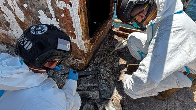(260914) -- MANILA, Sept. 14, 2026 (Xinhua) -- Rescuers inspect the charred wreckage of a passenger vessel in Palawan Province, the Philippines, on Sept. 14, 2026.
  Rescue teams have completed searches of about 65 percent of the cargo hold of the passenger vessel that caught fire off the Philippines on Sept. 9, said the Philippine Coast Guard (PCG) on Monday.
  PCG said operations continue in the remaining sections. The fire aboard the passenger ship near the Philippines' Palawan has killed 76 people, with 13 still missing. (Philippine Coast Guard/Handout via Xinhua)