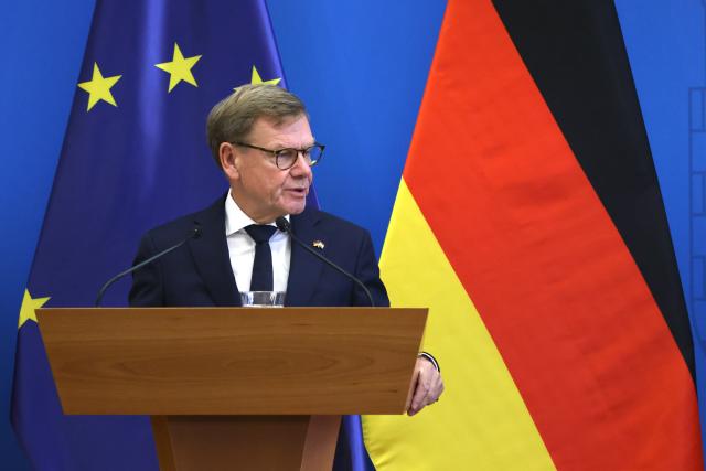 (260914) -- BUDAPEST, Sept. 14, 2026 (Xinhua) -- German Foreign Minister Johann Wadephul speaks at a press conference with Hungarian Deputy Prime Minister and Foreign Minister Anita Orban in Budapest, Hungary, Sept. 14, 2026. Hungary and Germany agreed on Monday to strengthen bilateral cooperation and open a new chapter in their relations, following talks between Hungarian Deputy Prime Minister and Foreign Minister Anita Orban and German Foreign Minister Johann Wadephul in Budapest. (Photo by Attila Volgyi/Xinhua)