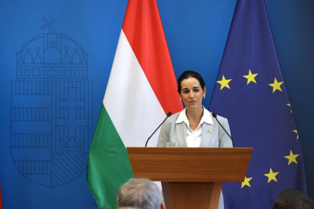 (260914) -- BUDAPEST, Sept. 14, 2026 (Xinhua) -- Hungarian Deputy Prime Minister and Foreign Minister Anita Orban speaks at a press conference with German Foreign Minister Johann Wadephul in Budapest, Hungary, Sept. 14, 2026. Hungary and Germany agreed on Monday to strengthen bilateral cooperation and open a new chapter in their relations, following talks between Hungarian Deputy Prime Minister and Foreign Minister Anita Orban and German Foreign Minister Johann Wadephul in Budapest. (Photo by Attila Volgyi/Xinhua)
