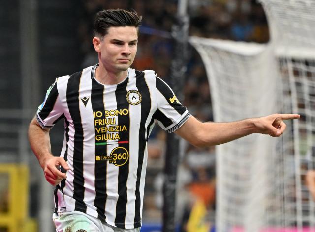(260915) -- MILAN, Sept. 15, 2026 (Xinhua) -- Udinese's Jurgen Ekkelenkamp celebrates his goal during a Serie A soccer match between Inter Milan and Udinese in Milan, Italy, Sept.14, 2026. (Photo by Alberto Lingria/Xinhua)
