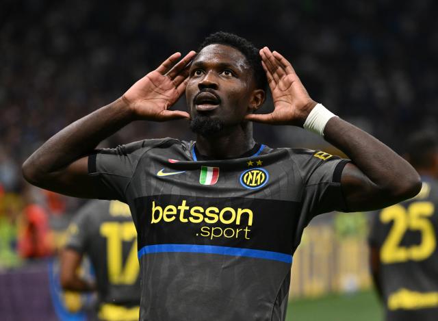 (260915) -- MILAN, Sept. 15, 2026 (Xinhua) -- Inter Milan's Marcus Thuram celebrates his goal during a Serie A soccer match between Inter Milan and Udinese in Milan, Italy, Sept.14, 2026. (Photo by Alberto Lingria/Xinhua)