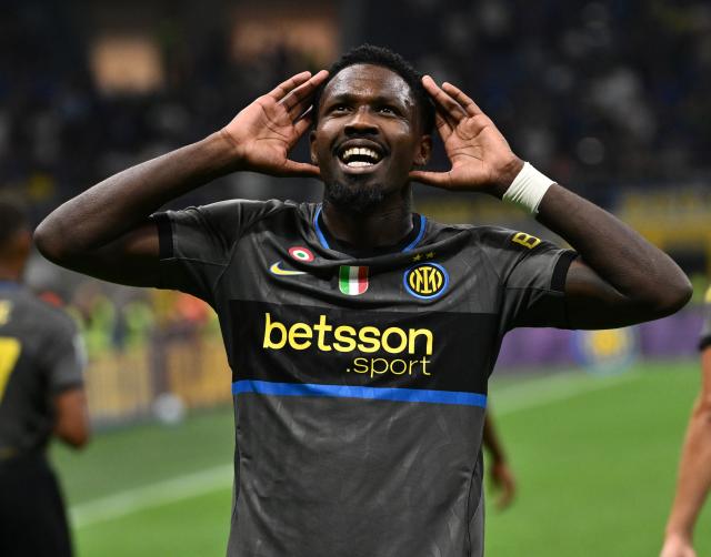 (260915) -- MILAN, Sept. 15, 2026 (Xinhua) -- Inter Milan's Marcus Thuram celebrates his goal during a Serie A soccer match between Inter Milan and Udinese in Milan, Italy, Sept.14, 2026. (Photo by Alberto Lingria/Xinhua)