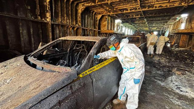 (260915) -- BEIJING, Sept. 15, 2026 (Xinhua) -- Rescuers inspect the cargo in the charred wrechage of a passenger vessel in Palawan Province, the Philippines, on Sept. 14, 2026.
  Rescue teams have completed searches of about 65 percent of the cargo hold of the passenger vessel that caught fire off the Philippines on Sept. 9, said the Philippine Coast Guard (PCG) on Monday.
  PCG said operations continue in the remaining sections. The fire aboard the passenger ship near the Philippines' Palawan has killed 76 people, with 13 still missing. (Philippine Coast Guard/Handout via Xinhua)