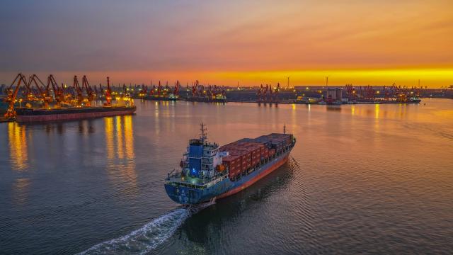 (260916) -- BEIJING, Sept. 16, 2026 (Xinhua) -- A drone photo shows a cargo ship leaving a container terminal of Tangshan Port, north China's Hebei Province, Sept. 15, 2026. China's economy maintained steady momentum boosted by innovation-led and high-quality development in August, with production and supply growing steadily, employment and prices generally stable, and foreign trade registering rapid growth, official data showed on Tuesday. (Photo by Liu Mancang/Xinhua)
