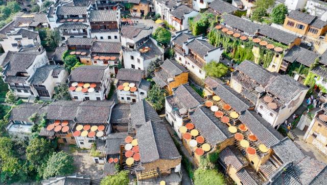 (260916) -- WUYUAN, Sept. 16, 2026 (Xinhua) -- An aerial drone photo taken on Sept. 15, 2026 shows a view of Huangling Village of Wuyuan County, east China's Jiangxi Province. In autumn, villagers are busy drying agricultural products in Wuyuan County, and the colorful scene attracts tourists. (Xinhua/Hu Chenhuan)