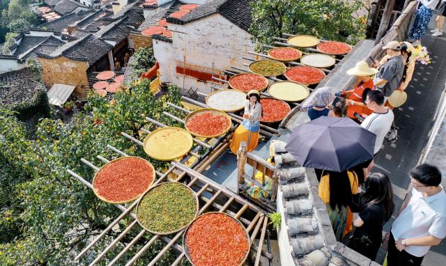 (260916) -- WUYUAN, Sept. 16, 2026 (Xinhua) -- A tourist poses for photos in Huangling Village of Wuyuan County, east China's Jiangxi Province, Sept. 15, 2026. In autumn, villagers are busy drying agricultural products in Wuyuan County, and the colorful scene attracts tourists. (Xinhua/Hu Chenhuan)