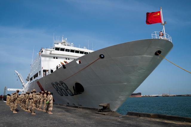 (260916) -- NOUAKCHOTT, Sept. 16, 2026 (Xinhua) -- The Chinese People's Liberation Army Navy hospital ship Auspicious Ark docks at the Friendship Port in Nouakchott, the capital of Mauritania, Sept. 15, 2026. The hospital ship arrived in Mauritania on Tuesday for a seven-day friendly visit, during which it would provide medical services.
  TO GO WITH "Chinese navy hospital ship arrives in Mauritania for medical mission" (Xinhua/Xie Jianfei)