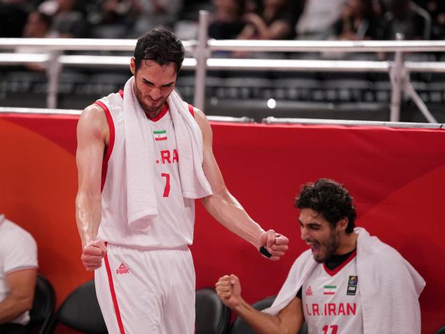 (260916) -- NAGOYA, Sept. 16, 2026 (Xinhua) -- Players of Iran celebrate scoring during the quarterfinal between Iran and Bahrain at 20th Asian Games Aichi-Nagoya 2026 in Nagoya, Japan, Sept. 16, 2026. (Xinhua/Luo Yuan)