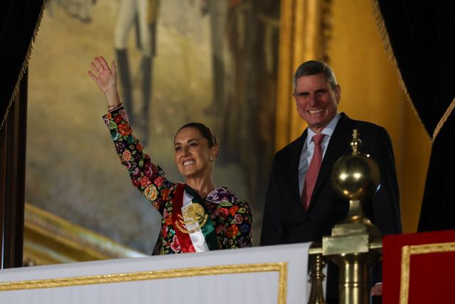(260916) -- MEXICO CITY, Sept. 16, 2026 (Xinhua) -- Mexican President Claudia Sheinbaum (L) and her husband attend celebrations for the upcoming Independence Day in Mexico City, Mexico, Sept. 15, 2026. Various celebrations were held in Mexico to welcome the country's annual Independence Day, which falls on Sept. 16. (Photo by Francisco Canedo/Xinhua)