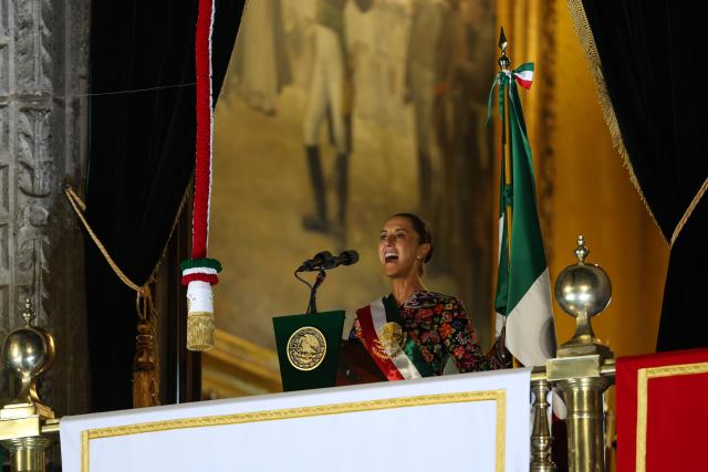 (260916) -- MEXICO CITY, Sept. 16, 2026 (Xinhua) -- Mexican President Claudia Sheinbaum attends celebrations for the upcoming Independence Day in Mexico City, Mexico, Sept. 15, 2026. Various celebrations were held in Mexico to welcome the country's annual Independence Day, which falls on Sept. 16. (Photo by Francisco Canedo/Xinhua)