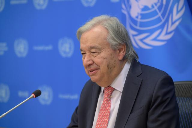 (260916) -- UNITED NATIONS, Sept. 16, 2026 (Xinhua) -- UN Secretary-General Antonio Guterres speaks to reporters ahead of this year's high-level week of the UN General Assembly, at the UN headquarters in New York, Sept. 16, 2026. Guterres on Wednesday called for de-escalation in the Middle East and Ukraine. (Mark Garten/UN Photo/Handout via Xinhua)