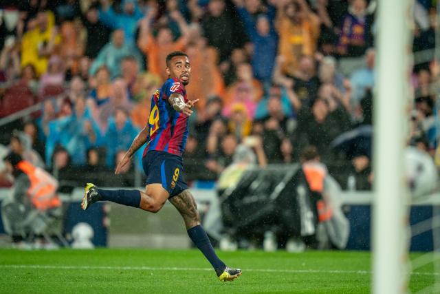 (260917) -- BARCELONA, Sept. 17, 2026 (Xinhua) -- FC Barcelona's Gabriel Jesus celebrates after scoring during the La Liga football match between FC Barcelona and Racing Santander in Barcelona, Spain, on Sept. 16, 2026. (Photo by Joan Gosa/Xinhua)