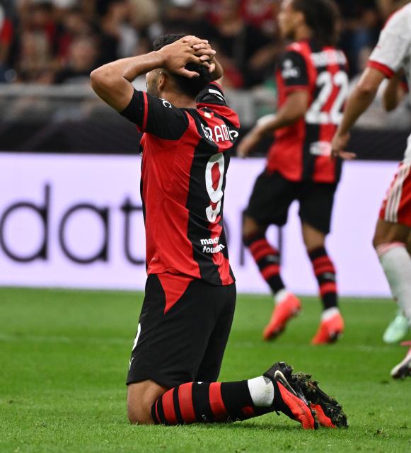 (260917) -- MILAN, Sept. 17, 2026 (Xinhua) -- AC Milan's Goncalo Ramos reacts during the UEFA Europa League match between AC Milan and Benfica in Milan, Italy, Sept. 16, 2026. (Photo by Alberto Lingria/Xinhua)