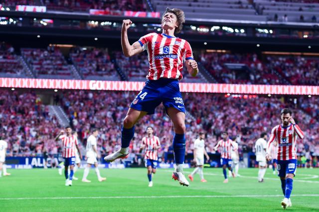 (260917) -- MADRID, Sept. 17, 2026 (Xinhua) -- Atletico de Madrid's Robin Le Normand celebrates scoring during the La Liga football match between Atletico de Madrid and Osasuna at Riyadh Air Metropolitano stadium, in Madrid, Spain, on Sept. 16, 2026. (Photo by Gustavo Valiente/Xinhua)