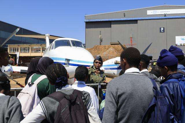 (260917) -- PRETORIA, Sept. 17, 2026 (Xinhua) -- People visit the outdoor exhibition area of the Africa Aerospace and Defense (AAD) expo in Pretoria, South Africa, Sept. 16, 2026. The 25th AAD expo kicked off at Air Force Base Waterkloof here on Wednesday, and the event will run until Sept. 20. (Xinhua/Chen Wei)