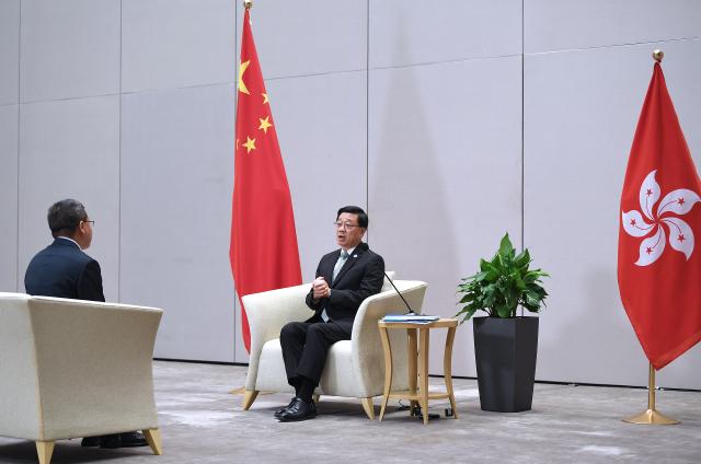 (260918) -- HONG KONG, Sept. 18, 2026 (Xinhua) -- Chief Executive of the Hong Kong Special Administrative Region (HKSAR) John Lee receives an interview in south China's Hong Kong, Sept. 17, 2026. TO GO WITH "Interview: Hong Kong's inaugural 5-year plan aligns with national strategy, targets economic diversification: HKSAR chief executive" (Xinhua/Chen Duo)