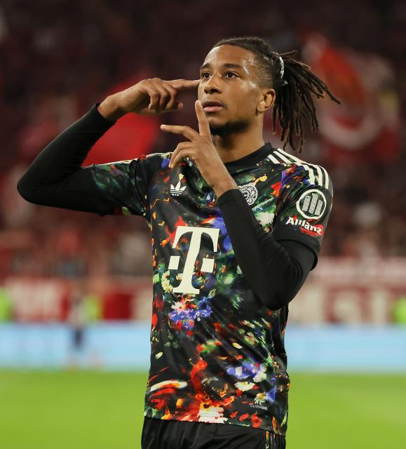 (260919) -- MUNICH, Sept. 19, 2026 (Xinhua) -- Michael Olise of Bayern Munich celebrates scoring during the German first division Bundesliga football match between FC Bayern Munich and 1. FC Union Berlin in Munich, Germany, Sept. 18, 2026. (Photo by Philippe Ruiz/Xinhua)