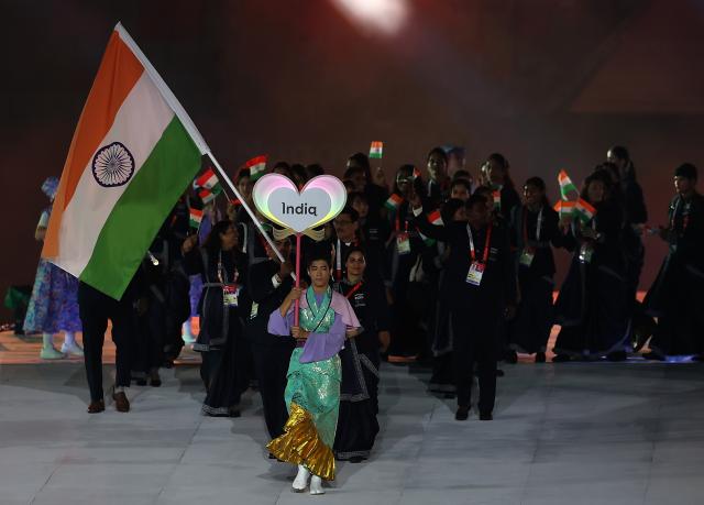(260919) -- NAGOYA, Sept. 19, 2026 (Xinhua) -- Delegation of India parades into the stadium during the opening ceremony of the 20th Asian Games Aichi-Nagoya 2026 in Nagoya, Japan, Sept. 19, 2026. (Xinhua/Li Bo)