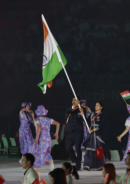 (260919) -- NAGOYA, Sept. 19, 2026 (Xinhua) -- Delegation of India parades into the stadium during the opening ceremony of the 20th Asian Games Aichi-Nagoya 2026 in Nagoya, Japan, Sept. 19, 2026. (Xinhua/Li Bo)