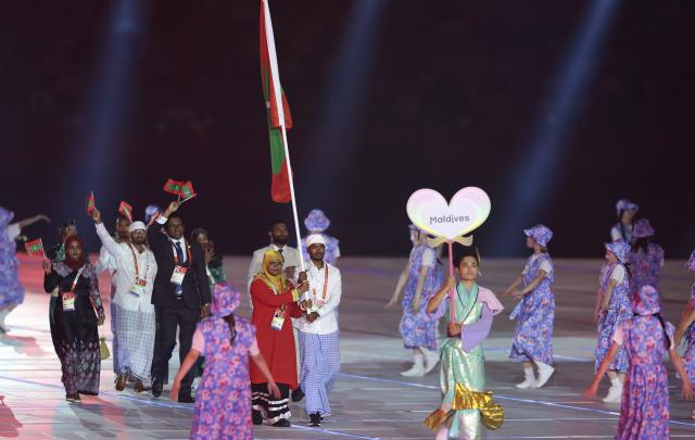 (260919) -- NAGOYA, Sept. 19, 2026 (Xinhua) -- The delegation of Maldives parades during the opening ceremony of the 20th Asian Games Aichi-Nagoya 2026 in Nagoya, Japan, Sept. 19, 2026. (Xinhua/Deng Hua)