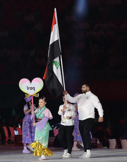 (260919) -- NAGOYA, Sept. 19, 2026 (Xinhua) -- The delegation of Iraq parades into the stadium during the opening ceremony of the 20th Asian Games Aichi-Nagoya 2026 in Nagoya, Japan, Sept. 19, 2026. (Xinhua/Li Bo)