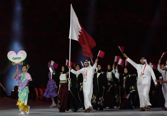 (260919) -- NAGOYA, Sept. 19, 2026 (Xinhua) -- The delegation of Qatar parades into the stadium during the opening ceremony of the 20th Asian Games Aichi-Nagoya 2026 in Nagoya, Japan, Sept. 19, 2026. (Xinhua/Li Bo)