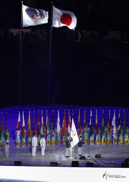 (260919) -- NAGOYA, Sept. 19, 2026 (Xinhua) -- Referees take the oath during the opening ceremony of the 20th Asian Games Aichi-Nagoya 2026 in Nagoya, Japan, Sept. 19, 2026. (Xinhua/Wang Fei)