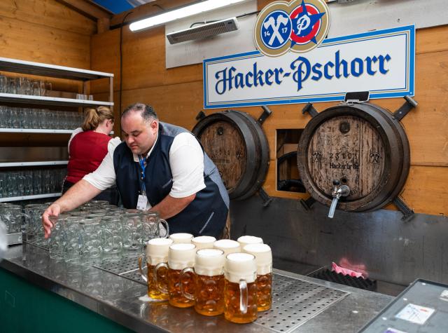 (260919) -- MUNICH, Sept. 19, 2026 (Xinhua) -- A staff member prepares cups of beer at the Oktoberfest in Munich, Germany, Sept. 19, 2026. The 191st Oktoberfest, one of the largest folk festivals in Germany, opened on Saturday in Munich, with mayor Dominik Krause tapping the first barrel of beer as a tradition. This year's festival will last until Oct. 4. (Xinhua/Zhang Haofu)